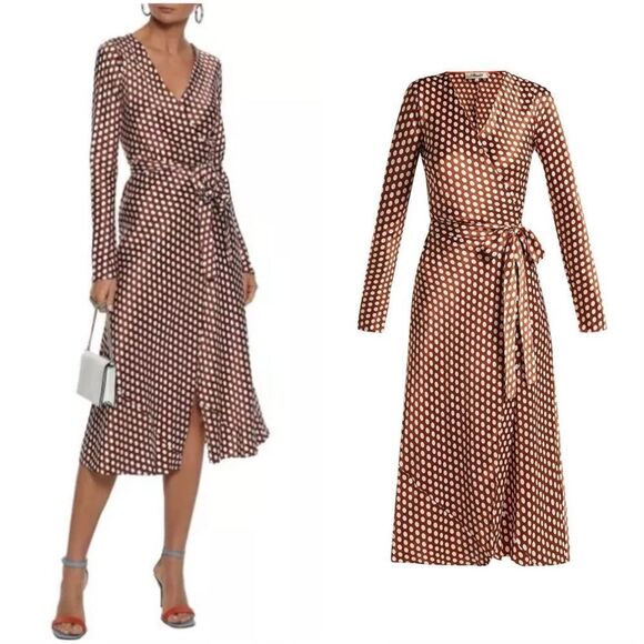 NEW DIANE VON FURSTENBERG $468 TILLY BAKER DOT SILK WRAP MIDI DRESS - Picture 1 of 15